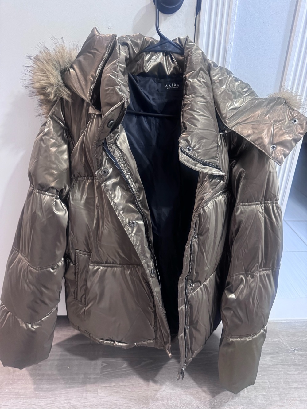 AKIRA Metallic Bronze Puffer Jacket with Faux Fur Hood worn once